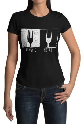 Trendig Modernes Damen Shirt Metal Plastic Pommesgabel T-Shirt Gothic Frauen Heavy Metalfans Rockige Kurzarm Bekleidung Horns Horn Grunge Clothes RocknRoll Punkrock Gr. XS-XXXL… (Schwarz, XL)