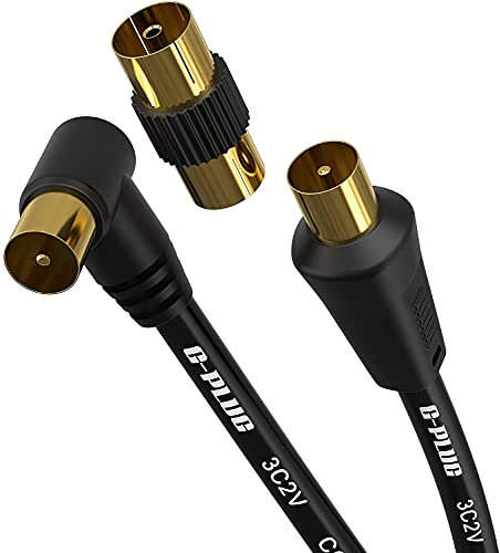 G-PLUG Cable de Antena TV Ángulo Recto y Adaptador, 1m – Cable Coaxial de Antena TV Satélite AV Cable de Antena Macho Macho con Conector RF y Extensión Coaxial Oro - FreeView, FreeSat, Sky Box, BT