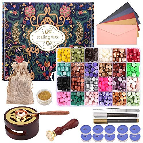 CHUHUAYUAN Siegelwachs-Set mit Geschenkbox, 24 Farben und 624 Stück Siegelwachs-Perlen mit Siegellack-Stempel, Siegelwachs-Wärmer, Siegelwachs-Set für Geschenk und Dekoration
