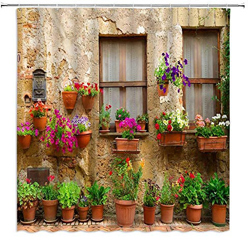 FILMILIL Duschvorhang im Bauernhof-Stil, Garten, Topf, italienische Grünpflanzen, Vintage-Fenster, 3D-Druck, mediterrane Griechenland-Szene, Badezimmer-Dekoration, Polyestergewebe mit Haken (228 x 178