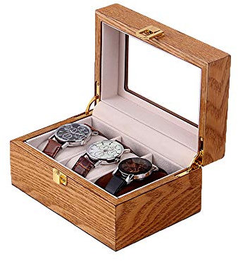 LJJ Edle Uhrenbox aus Echtholz mit Glasanzeige Oberseite,C