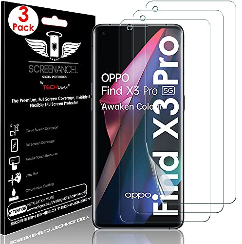 TECHGEAR [3 Piezas] Protector de Pantalla Compatible con Oppo Find X3 Pro 5G [Screen Angel] Alta Definición TPU Protector de Pantalla [Sin Burbuja] con Cobertura Completa inclusiva Pantalla Curva