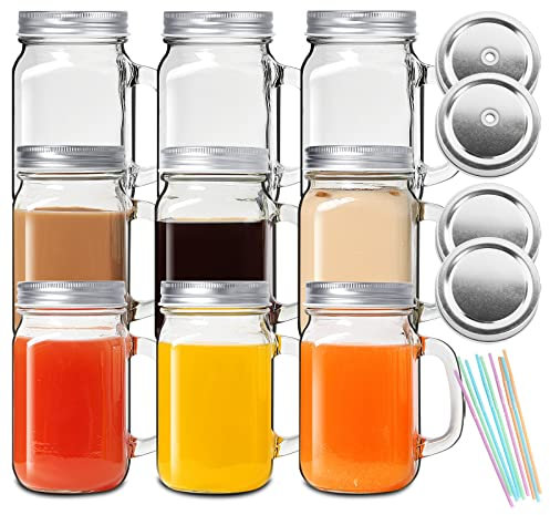 DESIYUE 9 Pack 16 Oz Mason jar Drinking Glasses, Mason Mugs with Handle, Old Fashioned Regular & Glass Mason Jar Mugs with Lids & Straws for Juice, Smoothies, Kombucha, Tea, Milk,Best Gift
