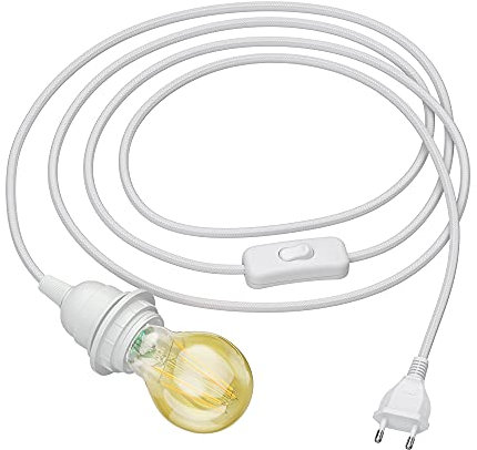 ledscom.de 3 m Textilkabel LEKA weiß, Stecker, Schalter + LED Lampe gold max. 778lm, 3-Stufen dimmen, extra-warmweiß
