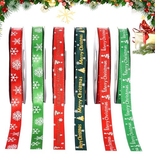 Weihnachten Ripsband, 6 Rollen Weihnachten Dekobänder, Geschenk Schleifenband, Polyester Geschenkband, Schneeflocke Elch Bänder, für Frohe, Feiertags Geschenk Dekoration