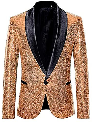 Scialle risvolto paillettes Giacca Uomo Regular Fit Monopetto Smoking Blazer Prom Partito Cappotto Performence Giacca, Oro rosa, 62