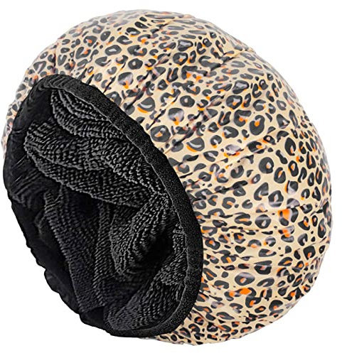 Auban Shower Cap, Shower Cap for Women Terry Cloth Exterior Reusable Double Layer Waterproof, Large Bath Hair Cap for All Hair Lengths, Hotel Travel Essentials Deep Conditioning (Leopard)