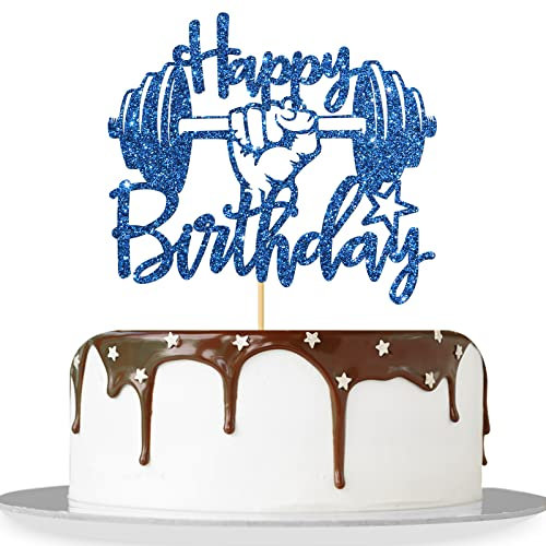 MonMon & Craft Weightlifting Happy Birthday Cake Topper for Boy Girl / Weight Lifter Birthday Party Decor / Sport Sign Cake Topper / Fitness Gym Party Decorations Blue Glitter