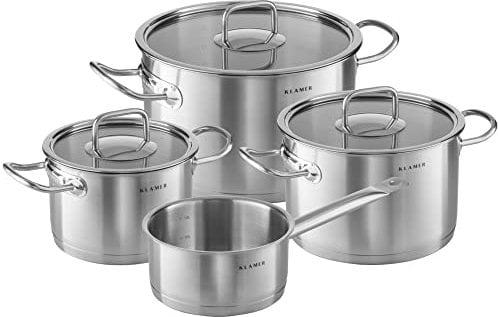 KLAMER Premium Edelstahl Kochtopf-Set mit Glasdeckel, Töpfe Set unbeschichtet, Induktionstöpfe-Set (4-teilig)