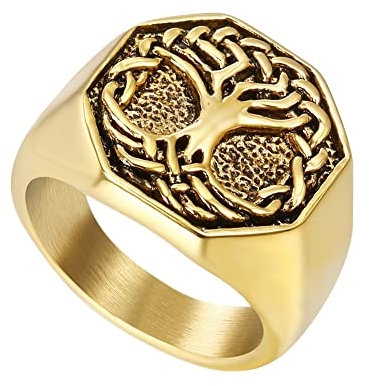DFWY Yggdrasil Ring Aus Edelstahl Für Herren, Nordic Viking Baum des Lebens Kelten Knotenring, Vintage Classic Octagon Signet Biker Ring Weihnachts Eheringe Schmuck (Color : Gold, Size : 13)