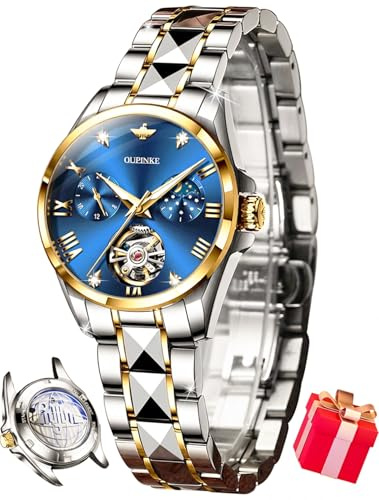 OUPINKE Women Automatic Watches Luxury Diamond Flywheel Two-Tone Stainless Tungsten Steel Band Moon Phase 24 Hours