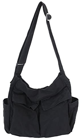 KlaOYer Canvas Messenger Bag Große Hobo-Tasche Schule Crossbody Umhängetasche Tote Bag mit Tasche für Damen und Herren, schwarz