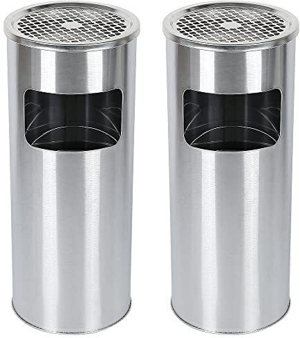Poubelle avec Cendrier pour Extérieur, Cendrier sur Pied en Acier Inox avec Poubelle, Poubelle Cendrier Hauteur 60 cm (Argent - 2pcs)