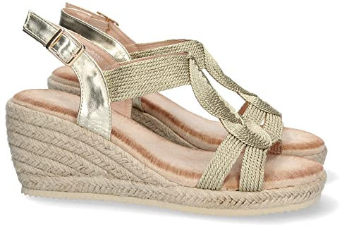 shoes&blues.es 71898-Sandalia de Cuna para Mujer, Comodo, Forrado de Yute, con Pala en T, y Cierre de Hebilla, Primavera Verano 2023. Talla 39 Oro
