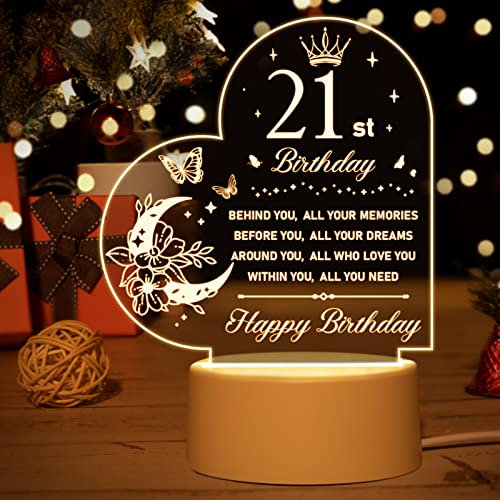 Vetbuosa 21st Birthday Gifts for Her, 21 Years Old Night Light, 18th 21st 30th 40th 60th 80th Birthday Gifts Night Light, Heart-Shaped Acrylic Transparent Night Lamp