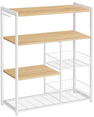 VASAGLE Estantería de Cocina con 2 Cestas de Malla Metálica, Estantería para Microondas, con Estantes y Ganchos, 35 x 80 x 95 cm, Estilo Industrial, Nogal Medio y Blanco KKS096W09