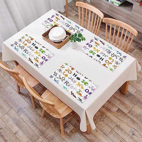 Platzset, Satz von 4 Platzsets,Alphabet ABC Lernen Cartoon Buchstaben und Tiermuster für Kinder L,Gewebte Vinyl-Tischsets, waschbare und langlebige Tischsets, Tischsets für den Innen- und Außenbereich