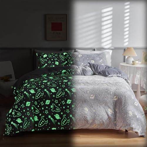 Freyamy Flanell Bettwäsche 200x200cm Grau Weltraumrakete Leuchtend im Dunkeln Kinder Winterbettwäsche Samt Biber Cashmere Touch Flauschige Bettbezug und 2 Kissenbezug 80x80cm mit Reißverschluss