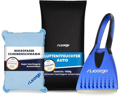 LICARGO® 3-teiliges Winter Set - Mikrofaser Scheibenschwamm & Eiskratzer mit Messingklinge & Luftentfeuchter Auto 1kg