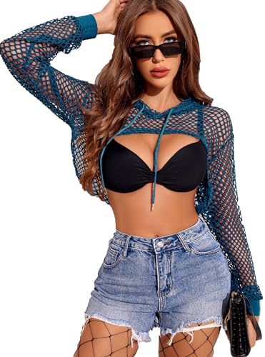 Avidlove Women's Crop Top Fishnet Hoodies Long Sleeve T-Shirt Party Outfit | Fishnet hoodie top，High-low hem design，Mesh Rave Clothing,Sweatshirt with Drawstring Short Neon UK，Halloween Festival Outfit