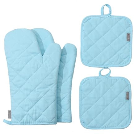 M MIAOYAN Ofenhandschuhe und Topflappen, 4-teiliges Set, hochhitzebeständig, 500 Grad, extra dick, lang, Küche, Baumwolle, Ofenhandschuh zum Kochen (30,5 cm, hellblau)