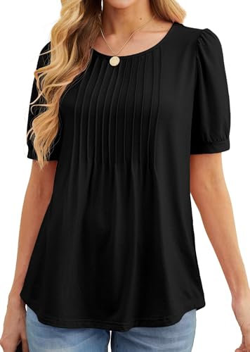 GRECERELLE Womens Summer Tops Casual Dressy Soft Short Sleeve Tunic Front Pleated Spring Crew Neck Tees T-Shirts Loose Blouse for Ladies (Black, L)