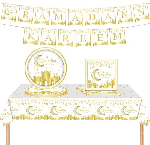 POPOYU 52P Eid Party Geschirr Set,Weißgoldene Mond und Stern Ramadan Dekorationen für Zuhause,Eid Tischdecke, Eid Pappteller, Eid Mubarak Servietten und 1 Set Eid Banner für Ramadan Tischdekorationen