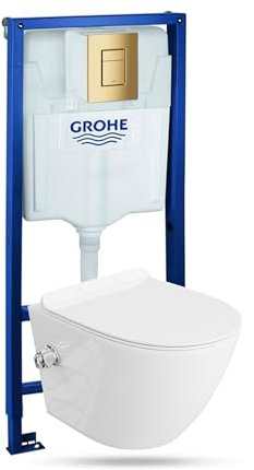 Vorwandelement Solido + Wand Hänge WC Salto Weiß Spülrandlos + WC Sitz mit Absenkautomatik Goldener Knopf Komplettset Unterputz Spülkasten Toilette Komplett Sett WC