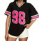 Elincho Jersey-Shirts für Damen, Y2K-Zahlen-Grafik, übergroße T-Shirts, V-Ausschnitt, gestreifter Saum, kurzärmelig, Sommer, lässiges T-Shirt, T23-751 Schwarz, Groß