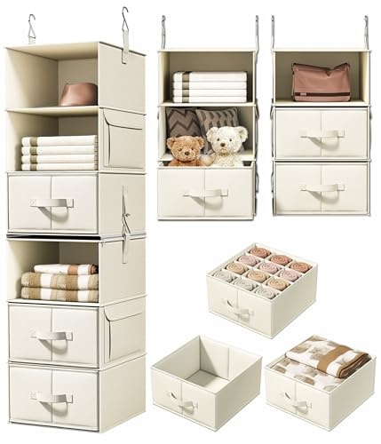 Vailando 6-Shelf Hanging Closet Organizer with 3 Drawers, 2 Separable 3-Shelf Closet Organizers and Storage for Wardrobe Organization, Hanging Dresser for Nursury & Dorm Clothes Organizer, Beige