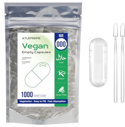ATLEMISME Capsules Végétales Vides Taille 000 - Lot de 1000 - Sans Gélatine, Idéales pour Compléments Alimentaires et Poudres - Remplissage Facile et Dissolution Rapide