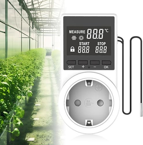 Thermostat Steckdose, Heizung Kühlung Digital Zeitschaltuhr mit 2 Meter Langes Kabel mit Wasserdichtem Kopf, LCD Bildschirm Zeitschaltuhr Steckdose Sonde für Gewächshaus, Aquarium, Terrarium