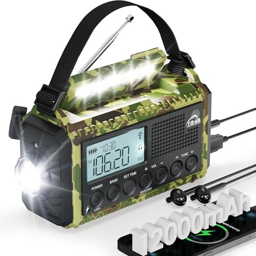 Roxicosly Solar Wind Up Radio,12000mAh Rechargeable Hand Crank Radio for Emergency,Camping Radio with USB Charger,3W Flashlight 2.5W Reading Lamp,SOS Alarm,LCD Display,Headphone Jack,AM/FM/SW Outdoor