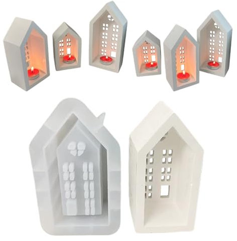 JJIW Silikonformen Gießformen Häuser Kerzenhalter, 3D Silikonform Kerzenhalter für Teelichter, Haus Silikonform Kerzenhalter Silikonform, Kerzenformen Zum Gießen, für DIY Herbst Dekoration (Stil B-M)