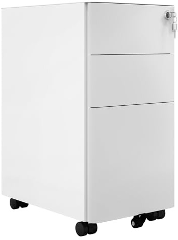 DWVO Abschließbar Aktenschrank 3 Schubladen Rollcontainer Stahl Weiß Grau