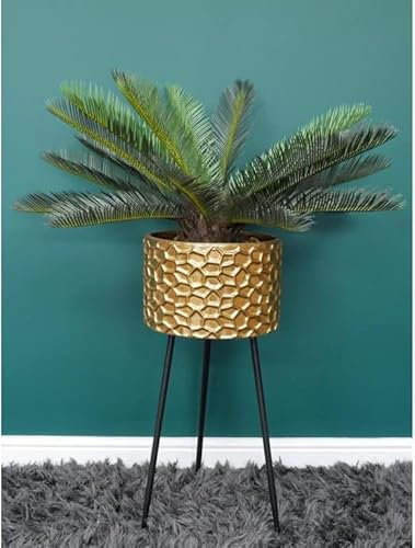My Square Mile Gold Indoor Flower Pot, Geometric Plant Stand with Gold Honeycomb Planter, 72 cm Height, Black Legs