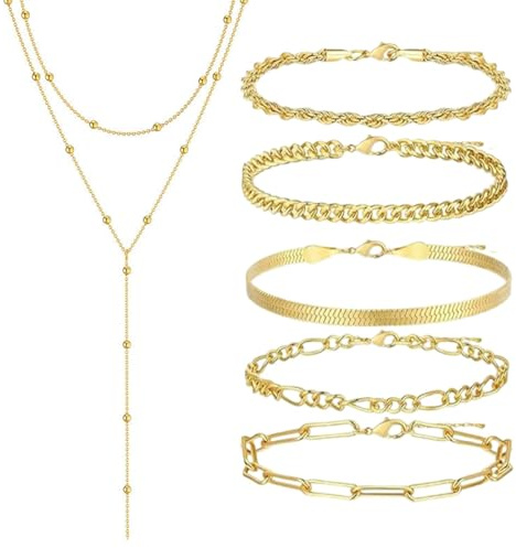 FENQURO 6 Pcs Lange Y-Kette Damen-Mehrreihige Halskette Edelstahl in GoldSilber, Armband, Schmuck für Frauen, Elegante Lange Kette für Damen, Ketten Set, Einfacher Silberchmuck Goldschmuck
