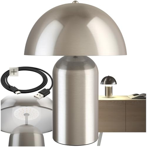 tectake® Tischlampe Vintage Pilzform, Pilzlampe Dekolampe, Tischleuchte, Leselampe, Nachtlicht, Lampe Wohnzimmer, Table Lamp, kleine Lampe, Tischlampe retro, kabellos- Nickel matt