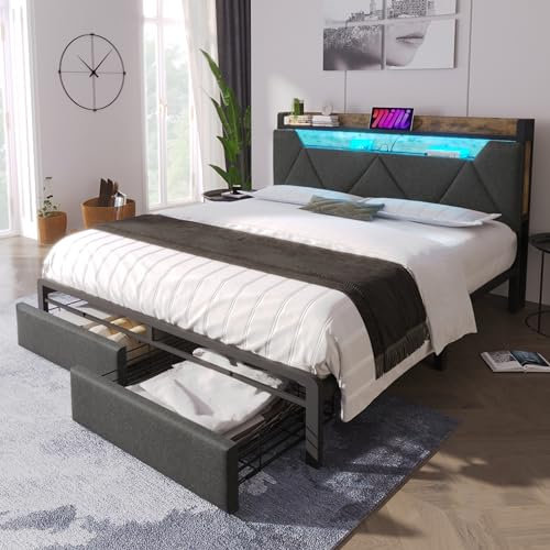 RIAZOS 4ft6 Upholstered Double Bed with LED Lighting, USB Type-C Charging Function, Storage Headboard and Drawers, Storage Bed Frame with Metal Slatted Frame, Linen, 135x190cm, Grey(No Mattress)