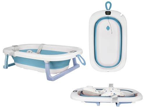 Baignoire Pliable avec Trou de Drainage Portable et Thermomètre à eau, Baignoire de Bain Autonome avec Coussin de Bain pour Enfant, Baignoires sur Pieds en Plastique PP+TPE (Bleu 76 * 45 * 18 cm)