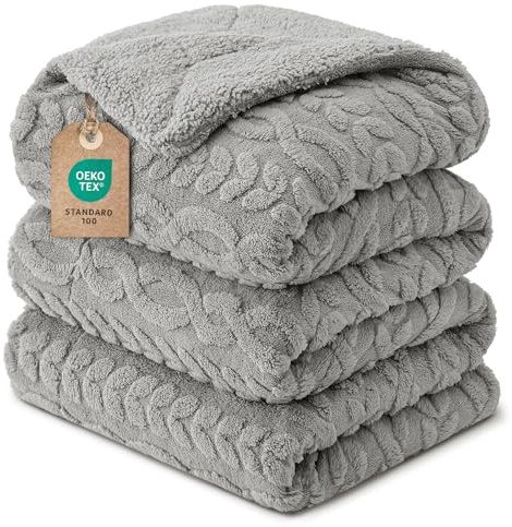 PHF Sherpa Fleecedecke Flannel Kuscheldecke 229x229cm, Oeko-TEX® Zertifiziert super weiche Wohndecke, 510GSM getufteter Jacquard luxuriöse Ästhetische Blanket für Couch Sofa Bett, Grau