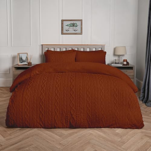 OHS Fleece Duvet Cover King Size, Christmas Autumn Winter Bedding Set Ultra Soft Warm Cosy Cable Knit Fleece Sherpa Reversible King Size Duvet Cover Set with Pillowcases, Rust