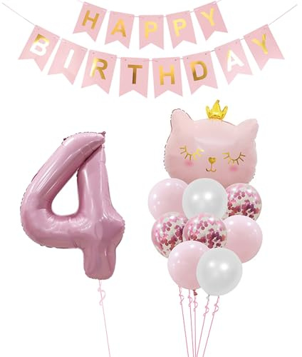 Geburtstagsdeko 4 Jahr Mädchen mit Happy Birthday Girlande, 4. Geburtstag Deko-Set, Rosa Katzen-Ballon, Happy Birthday Banner, Konfetti-Luftballons, Rosa & Weiß, 4.Geburtstag Mädchen