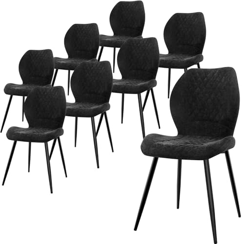 LEWE Lot de 8 Chaises de Salle à Manger en Lin, Style Quadrillé, Noir | Chaise de Salon, Pieds en Métal, Tapissées, Chaises de Cuisine sans Bras, pour Restaurant,Salon,Chambre à Coucher et Cuisine