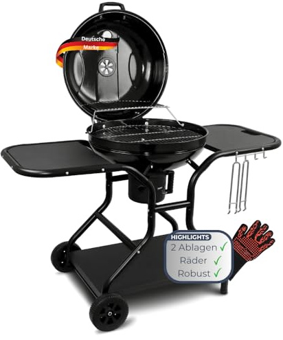 Kugelgrill Holzkohle EUGEN [Inkl. Handschuhe & Haken] BBQ Grill Holzkohlegrill mit klappbarem Deckel 55cm Grillwagen mit Rädern, Schwarz