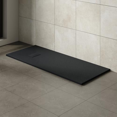 Aquariss SMC Anti Slip Rectangular 1700 x 700 mm Wetroom Shower Tray Black | Slate Effect Shower Tray, Slimline, Bathroom Wet Room Shower Cubicle Base, for Walk In Shower Door, Durable