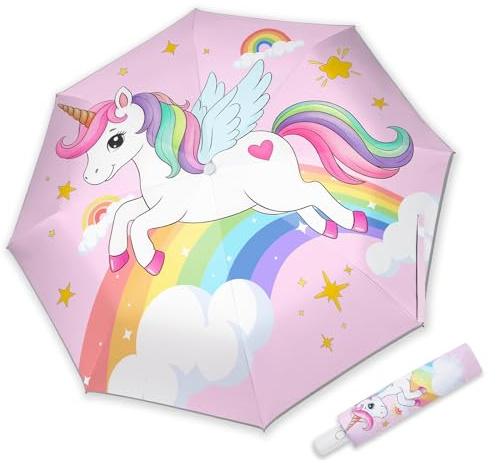 omedecal Parapluie Enfant Automatiqu, Parapluie Pliant avec Bande Réfléchissante 360°, Anti-Rebond Parasol Enfant pour Fille Garçon - Licorne