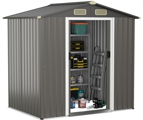 GOPLUS Gerätehaus Metall, 196 x 142 x 186cm, Gerätenschuppen 3,68 m³ mit abschließbaren Schiebetüren, 4 Luftschlitzen & Pultdach, Gartenhaus Metallschuppen, Garten Schuppen Outdoor wetterfest