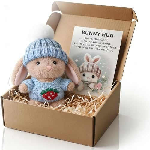 Mini Bunny Hug Cute Easter Gift, 2026 Neu Mini Bunny Hug Niedliches Ostergeschenk, Osterhasen Deko with Knitted Hat Inspirational Card Easter Plush Bunny, Ostern Geschenke, Blau