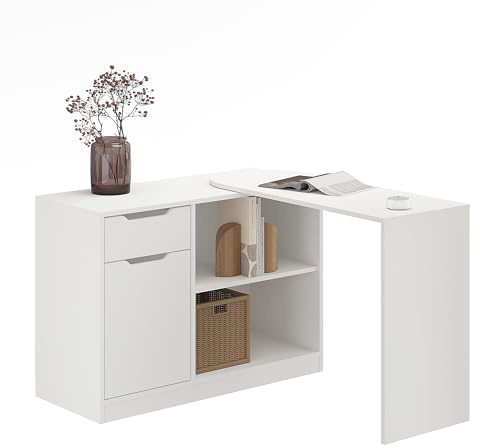KOMTO Eckschreibtisch mit Stauraum Weiß – Schreibtisch mit Schubladen und Regal, 360° drehbarer Computertisch in L Form für Homeoffice | Desk FOLDY3 106 x 106 x 74 cm